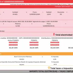 Factura de electricidad con detalles de consumo, potencia, lecturas y tasas. Ayuda a interpretar factura luz.