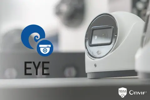 Cámara de seguridad con logo "EYE" y símbolo de protocolo ONVIF.