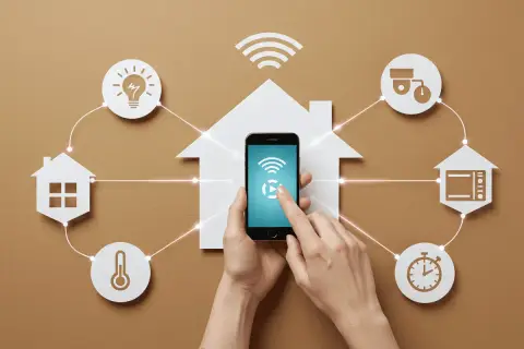 Mano controla un smartphone que gestiona un hogar inteligente. Cada dispositivo, como la luz o el microondas, es un actuador que responde a comandos.