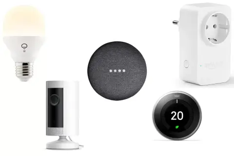Bombilla inteligente, cámara de seguridad, altavoz, enchufe y termostato. Todos son aparatos inteligentes para el hogar.