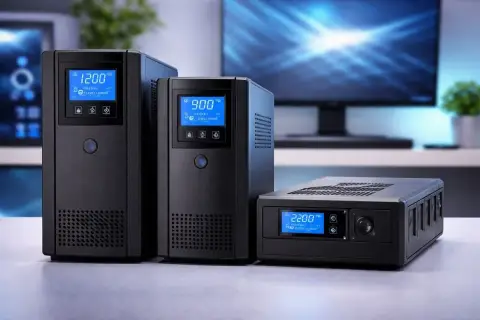 Tres equipos negros, dos verticales y uno horizontal, muestran pantallas digitales azules. Son un ejemplo de qué es un sai, protegiendo tus dispositivos.