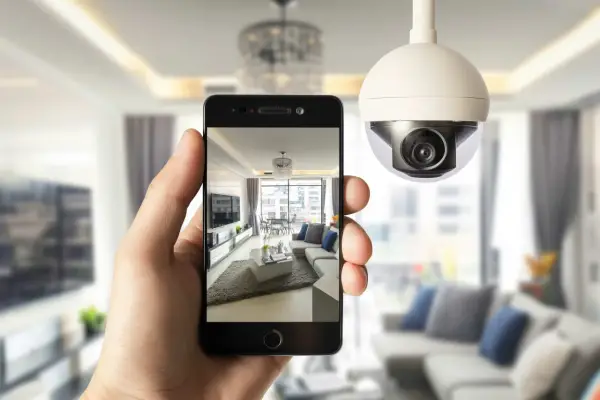 Una mano sostiene un teléfono que muestra una sala de estar moderna, mientras una cámara de seguridad wdr vigila el espacio.