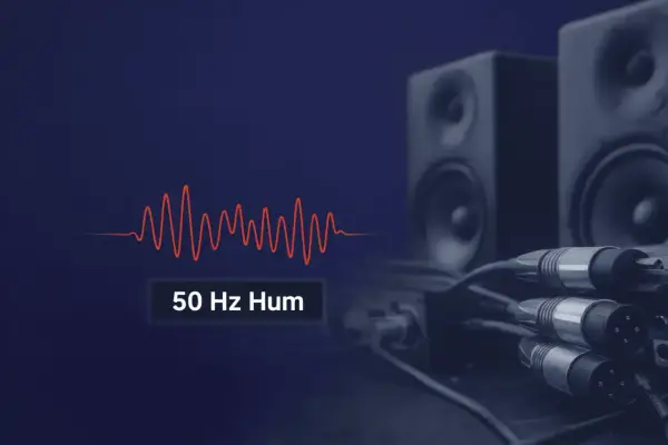 Onda sonora de 50 Hz y cables de audio conectados a altavoces, sugiriendo problemas de ground loops.
